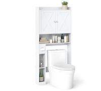 GOPLUS Armario de Almacenamiento sobre el Inodoro, Mueble de Baño de Suelo con Puertas Granero, Estante y Barra Inferior Ajustable, Portarrollos, Organizador Ahorra Espacio para Lavandería (Blanco)