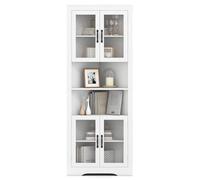 GOPLUS Armario de Esquina de 6 Niveles, Gabinete Alto Esquinero con 4 Puertas de Vidrio Templado, 2 Estantes Ajustables en 3 Niveles, Mueble de Baño de Suelo para Salón Cocina, Blanco
