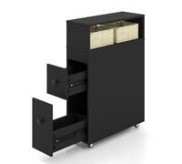 GOPLUS Armario de Nicho con Ruedas, 2 Cajones y 2 Cestas de Mimbre, Armario Estrecho para Baño, Carro de Baño, Mueble de Almacenamiento para Baño Cocina, 50 x 19 x 72 cm (Negro)