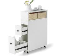 GOPLUS Armario de Nicho con Ruedas, 2 Cajones y 2 Cestas de Mimbre, Armario Estrecho para Baño, Carro de Baño, Mueble de Almacenamiento para Baño Cocina, 50 x 19 x 72 cm (Blanco)