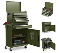 GOPLUS Carro de Taller Herramienta con Ruedas, Armario Completo Maleta, Carrinho Ferrramenta con 5 Cajas, Ganchos, 3 Estantes Ajustables y Alfombrillas Antideslizantes(Verde Oliva)