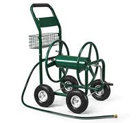 GOPLUS Carro dispensador de Manguera con Cesta de Almacenamiento | Enrollador de manguera para jardín sobre ruedas, marco metálico resistente, 96 x 62 x 113 cm, color verde