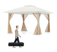 GOPLUS Cenador Plegable Jardín 394 x 394 CM, Carpa de Techo Doble para Exterior, Pabellón con Estructura Metálica Resistente,para Picnic, Camping, Barbacoa (Beige con Mosquitero)