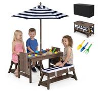 GOPLUS Cojunto de Mesa y Bancos Infantiles con Sombrilla (Azul) | Mesa de Picnic para Niños con Cojines, Estantes, Tableros Desmontables, Cajas Ocultas, Funda Impermeable, para 3+