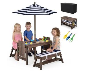 GOPLUS Cojunto de Mesa y Bancos Infantiles con Sombrilla (Azul) | Mesa de Picnic para Niños con Cojines, Estantes, Tableros Desmontables, Cajas Ocultas, Funda Impermeable, para 3+