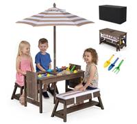 GOPLUS Cojunto de Mesa y Bancos Infantiles con Sombrilla (Marrón) | Mesa de Picnic para Niños con Cojines, Estantes, Tableros Desmontables, Cajas Ocultas, Funda Impermeable, para 3+