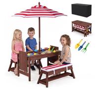 GOPLUS Cojunto de Mesa y Bancos Infantiles con Sombrilla (Rojo) | Mesa de Picnic para Niños con Cojines, Estantes, Tableros Desmontables, Cajas Ocultas, Funda Impermeable, para 3+