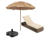 GOPLUS Conjunto de 3 piezas de Muebles, Sombrilla Paja Inclinable 2,2 M, Tumbona Jardin de Ratan Reclinable en 7 Posiciones, Base Sombrilla de HDPE para Mástiles de 33/39/48/55 mm (1, amarillo, Ratán)