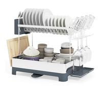 GOPLUS Escurreplatos de Acero Inoxidable, Escurridor de Platos de 2 Niveles con Bandejas de Goteo, Caja para Cubiertos, Portavasos, Soporte para Tabla de Cortar, Estante Escurre Platos para Fregadero
