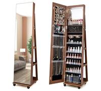 GOPLUS Espejo Joyero de Pie con Espejo de Cuerpo Entero, Armario para Joyas con Cerradura, Luces LED de 3 Colores, Almacenamiento de Joyas con Ruedas Universales, Organizador de Joyas (Marrón)