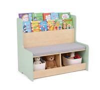 GOPLUS Estantería Infantil con Banco de 2 Plazas y Cojín Extraíble (Verde) | Organizador de Juguetes con 2 Compartimentos, Librería de 2 Niveles y Rincón de Lectura para Niños de 3+ Años, Dormitorio