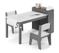 GOPLUS Juego de Mesa de Arte y Actividades para Niños, Mesa de Manualidades con 2 Sillas, Rollo de Papel, Estantes y 4 Cestas de Tela, para Niños en la Sala de Juegos (Gris)