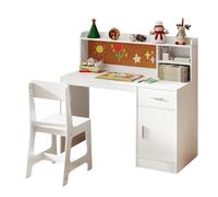 GOPLUS Juego de Mesa y Silla de Madera para Niños, Escritorio Infantil con Silla con Estantería Cajón, Taburete con Respaldo Inclinado, Mueble Escritorio Juvenil 109,5 x 48 x 100,5 cm (Blanco)