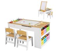 GOPLUS Juego de Mesa y Silla Multifuncional Infantil, Escritorio para Dibujar y Escribir para Niños con 2 Sillas, 6 Cajas de Almacenamiento, 6 Vasos para Pintura y 1 Rollo de Papel (Natural)