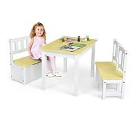 GOPLUS Juego de Mesa y Sillas para Niños de 4 Piezas, 2 en 1 Juego de Mesa de Actividades de Madera para Niños Pequeños con 2 Sillas y 1 Banco de Almacenaje para Jugar, Dibujar, Leer y Comer (Natural)