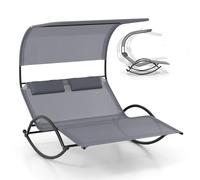 GOPLUS Mecedora Doble Jardin Exterior, Tumbona 2 Plazas con Toldo para Parasol y Almohadas para Reposacabezas, Marco de Metal Resistente para Jardín Patio Piscina Terraza, Carga 300 kg (Gris)