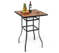 GOPLUS Mesa de bar cuadrada, mesa de jardín al aire libre con agujero para sombrilla de 39 mm, bandeja de imitación madera y marco de metal resistente, mesa alta de Bistrot 70 x 70 x 102 cm, para