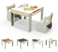 GOPLUS Mesa Infantil con Silla para 3-6 Años, 4 en 1 Mesa de Actividades con Bandeja Plegable de Doble Cara, Pizarra Negra, Respaldo Ergonómico, Mesa Pequeña para Jugar Comer Dibujar (Verde)