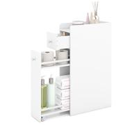 GOPLUS Mueble Baño Delgado de Suelo, Mueble Auxiliar de Baño de 4 Niveles con Cajones Extraíbles de 3 Ruedas, Encimera con Bordes Elevados, Cajonera Estrecha para el Lado de Inodoro (Blanco)