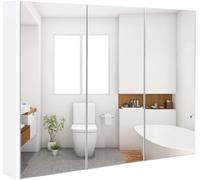 GOPLUS Mueble Camerino con Espejo, 3 Puertas, Armario de Madera Pared, Armario Auxiliar de Baño Multiusos, Estantes con 3 Niveles de Ajuste, Blanco