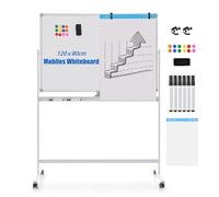 GOPLUS Pizarra blanca magnética con soporte, pizarra blanca de doble cara con juego de accesorios, borrado en seco, pizarra blanca móvil de altura ajustable, para escuela, oficina, hogar (120 x 80 cm,