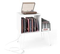 GOPLUS Soporte para Tocadiscos con Estación de Carga, Mueble para Tocadiscos con Separador Desmontable, Estante de Exhibición de Vinilos para Dormitorio, Sala de Estar, Oficina (Blanco)