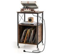 GOPLUS Soporte para Tocadiscos, Mesa para Discos con Estación de Carga Integrada, Mueble de Almacenamiento para Vinilos con Ruedas Bloqueables, Armario de Exhibición para Habitación, Sala de Estar
