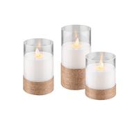 GOSKQ Goobay 60343 Set de 3 velas LED de cera real en vidrio envuelto en cáñamo, luz de vela blanca cálida, llama móvil, velas de 10, 12,5 y 15 cm de altura transparente