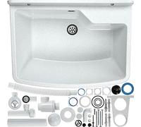 GOSPO Fregadero de poliestireno 61 x 44 x 23 cm, lavabo de cocina con sifón, rebosadero y kit de montaje, fregadero de una sola cubeta para uso en exteriores e interiores (blanco)