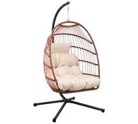 Goutime Silla Colgante de Huevo con Soporte y Funda Impermeable, Silla oscilante Plegable con cojín Resistente a los Rayos UV, Capacidad de 204KG para Interior (Marrón Rojizo con Soporte)