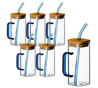 gouveo Juego de 6 vasos de 350 ml con asa, color azul, tapa y pajita, vasos de cóctel de vidrio de borosilicato, vasos largos con asa, vasos de cristal para bebidas frías y calientes (TGE350HB)