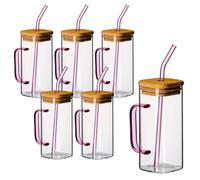 gouveo Juego de 6 vasos de 350 ml con asa, color rosa, tapa y pajita, vasos de cóctel de vidrio de borosilicato, vasos largos con mango, vasos de cristal para bebidas frías y calientes (TGE350HP)