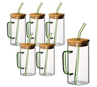 gouveo Juego de 6 vasos de 350 ml con asa verde, tapa y pajita, vasos de cóctel de vidrio de borosilicato, vasos largos con asa, vasos de cristal con pajita y tapa de bambú