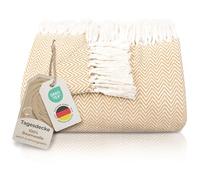 Gräfenstayn Premium Manta sofá con Flecos - 100% Algodón - 150 x 200 cm - Colcha de Verano con patrón de Espiga - Manta de algodón como Manta de Cama, Colcha para sofá (Beige)