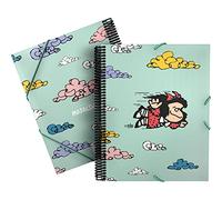 Grafoplás 39822458. Carpeta de Fundas A4 con Espiral, Colección Mafalda, Voladora, Tapas Polipropileno Rígido, Cierre Gomas Elásticas, 30 Fundas Transparentes, Incluye Sobre con Cierre Textil