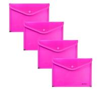 Grafoplas - 4 Sobres Portafolios Plastico Tamaño Cuarto con Cierre Botón, Ribete Tela, 24,5x17,5cm, Color Fucsia Traslúcido, Para Documentos Pequeños A5 o menos, Perfecto como Portafolios en Oficina