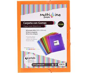 Grafoplás 4801852. Pack de 6 Carpetas Tres Solapas, Gomas Elásticas, Multiline, Tamaño Folio, Color Naranja