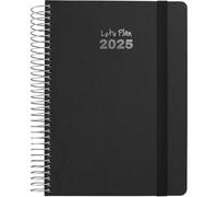 Grafoplas | Agenda 2025 Dia Por Pagina | Tamaño 15x21cm | Fancy Negro | Español | Espiral | Tapa Dura Forrada Tela | Cierre Goma Vertical | Esquinas Redondeadas | Incluye Pegatinas | Certificada FSC