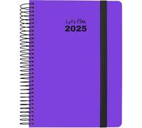 Grafoplas - Agenda 2025 Dia Por Pagina, Tamaño 15x21cm, Neon Violeta, Español, Espiral, Tapa Dura Forrada Papel Acabado Brillo, Cierre Goma, Esquinas Redondeadas, Incluye Pegatinas