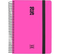 Grafoplas - Agenda 2026 Dia por Pagina, Neón Fucsia, 15x21cm, Dia por Pagina, Español, Tapa Dura Forrada Papel Acabado Brillo, Cierre Goma, Esquinas Redondeadas, Incluye Pegatinas