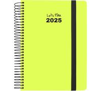 Grafoplas | Agenda Anual 2025 Neón | 15x21cm | Dia por Pagina | Amarillo Fluor | Español | Tapa Dura Forrada Papel Acabado Brillo | Cierre Goma | Esquinas Redondeadas | Incluye Pegatinas