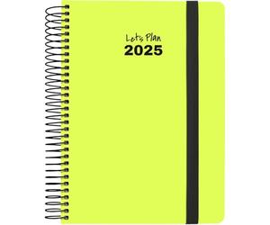Grafoplas | Agenda Anual 2025 Neón | 15x21cm | Dia por Pagina | Amarillo Fluor | Español | Tapa Dura Forrada Papel Acabado Brillo | Cierre Goma | Esquinas Redondeadas | Incluye Pegatinas