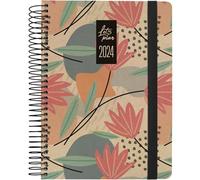 Grafoplas | Agenda Día Página 2024 | 15x21cm | Español | Modelo Design Flores | Serie Nature | Tapa Dura | Cubierta Papel Kraft y Cartón Reciclado 100% | Cierre Elástico | Tapa Dura