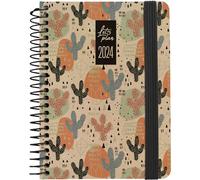 Grafoplas | Agenda Día Página Anual 2024 | A6 | 16, 5x10, 5cm | Español | Design Cactus | Nature | Tapa Dura | Cubierta Papel Kraft y Cartón Reciclado 100% | Cierre Elástico