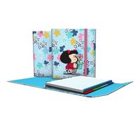Grafoplas - Carpetas Anillas con Recambio y Solapa, Carpeplús Mafalda Lively, Incluye Separadores, Goma Elástica Cierre, Lomo Curvo Ergonómico, Papel Cudricula 5x5 90g a4, Certificado FSC