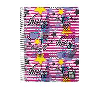 Grafoplas - Cuaderno Cuarto, 80 Hojas Cuadriculadas 4x4 90g, Tapa Plastico, Espiral, Colección Diseño Bits&Bobs Pop Up Design Girl, Certificado FSC
