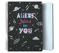 Grafoplás | Cuaderno Tapa Plastico | 80 Hojas Cuadriculadas 4x4 90g | Tamaño Folio | Espiral | Diseño Elena Corredoira | Colección Aliens | Certificado FSC