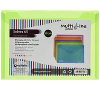 Grafoplas - Pack 10 Carpetas Sobres Plastico, Cierre Textil Adhesivo, Tamaño a5, Verde, Multiline, 25,2x18cm, Polipropileno Cristal Rayado Traslúcido, Perfecto para Documentos Cuarto