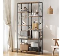 Gran capacidad de almacenamiento - Estantería de oficina industrial de 5 niveles - Estructura de metal y madera rústica - Diseño abierto, ideal para despacho, salón o dormitorio - Color negro