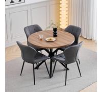 GrandCA HOME Juego de Mesa y Sillas de Comedor, 4 Sillas de Lino Color Gris Oscuro y una Mesa de Comedor Redonda Moderna de 100 cm, Ideal para Cocina, Salón y Cafetería (Color Oscuro)